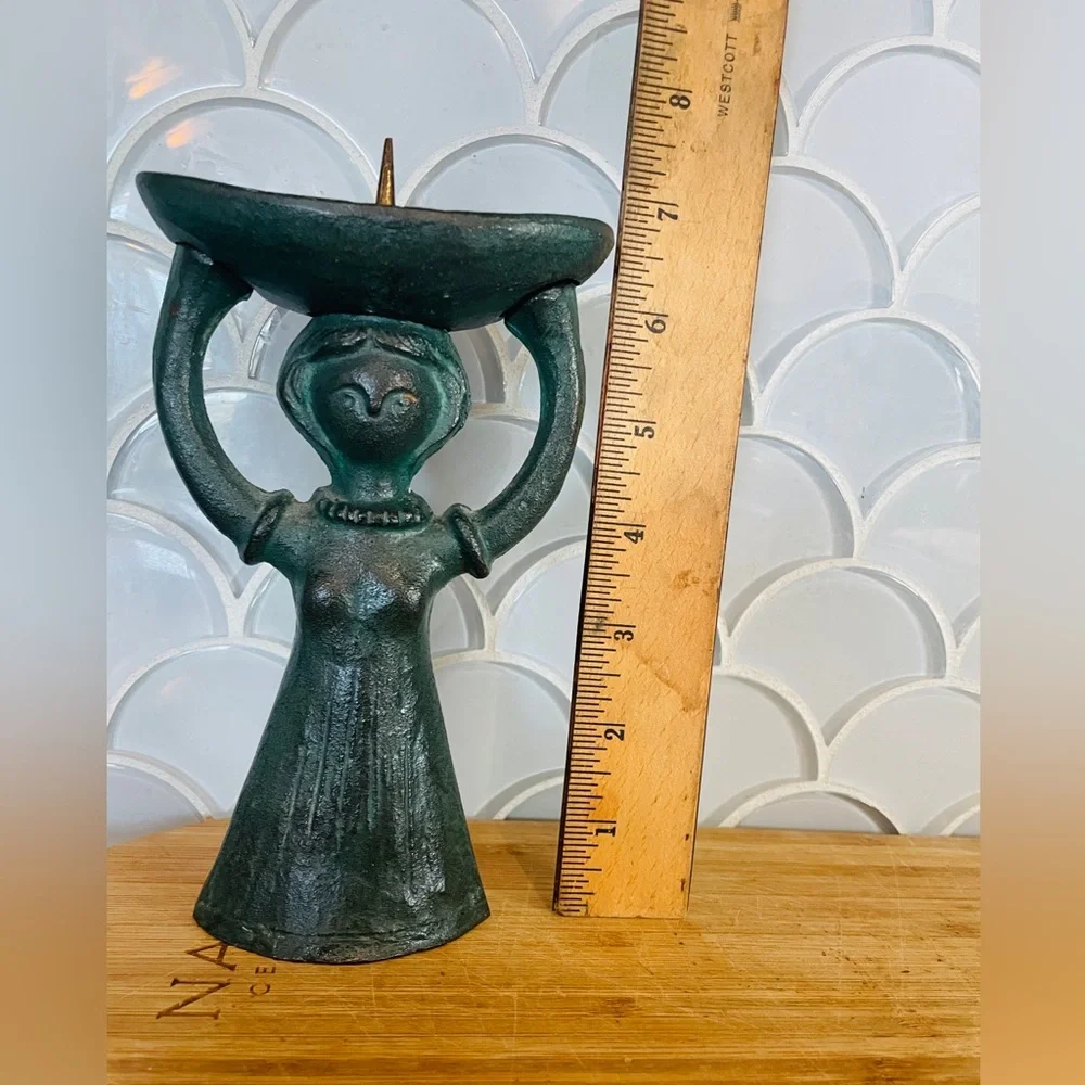 Danish Verdigris Bronze Candle Holder Woman w Basket Gunnar Andre Ystad-Metall